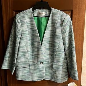 NWT Kasper Women’s Lined Blazer, Turquoise Green/White/ Navy in Size 12
